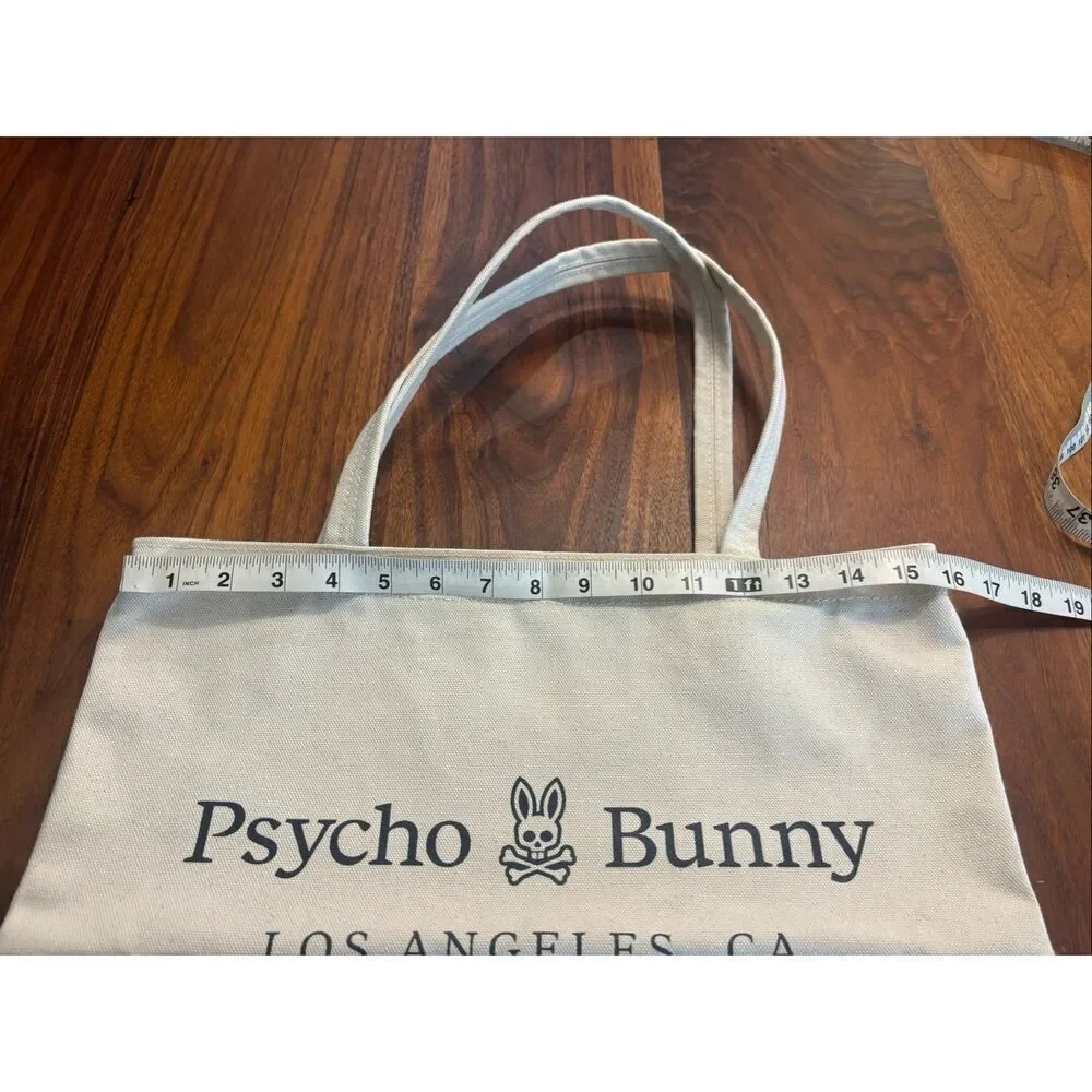 Psycho Bunny Los Angeles Cream Canvas Skull Cross Bones Shopping Tote Bag NWOT